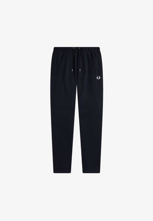 Pantaloni della tuta blu navy con vita regolabile, tasche laterali e un piccolo logo ricamato sulla coscia sinistra. Tessuto morbido e vestibilità affusolata.