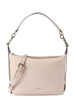 Lichtroze leren schoudertas met verstelbare riem, gouden gesp en ritssluiting, met het merk "Furla" middenvoor.