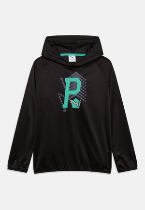 Fekete kapucnis pulóver hosszú ujjakkal, egy tengerzöld "P" betű és Puma logó, valamint szürke pöttyös mintázat az elülső középső részen.