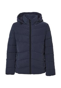 Doudoune bleu marine avec capuche, fermeture éclair et design matelassé. Dotée de poches latérales et de poignets élastiques pour un ajustement confortable.