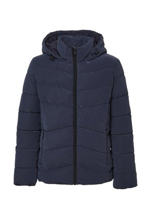 Doudoune bleu marine avec capuche, fermeture éclair et design matelassé. Dotée de poches latérales et de poignets élastiques pour un ajustement confortable.