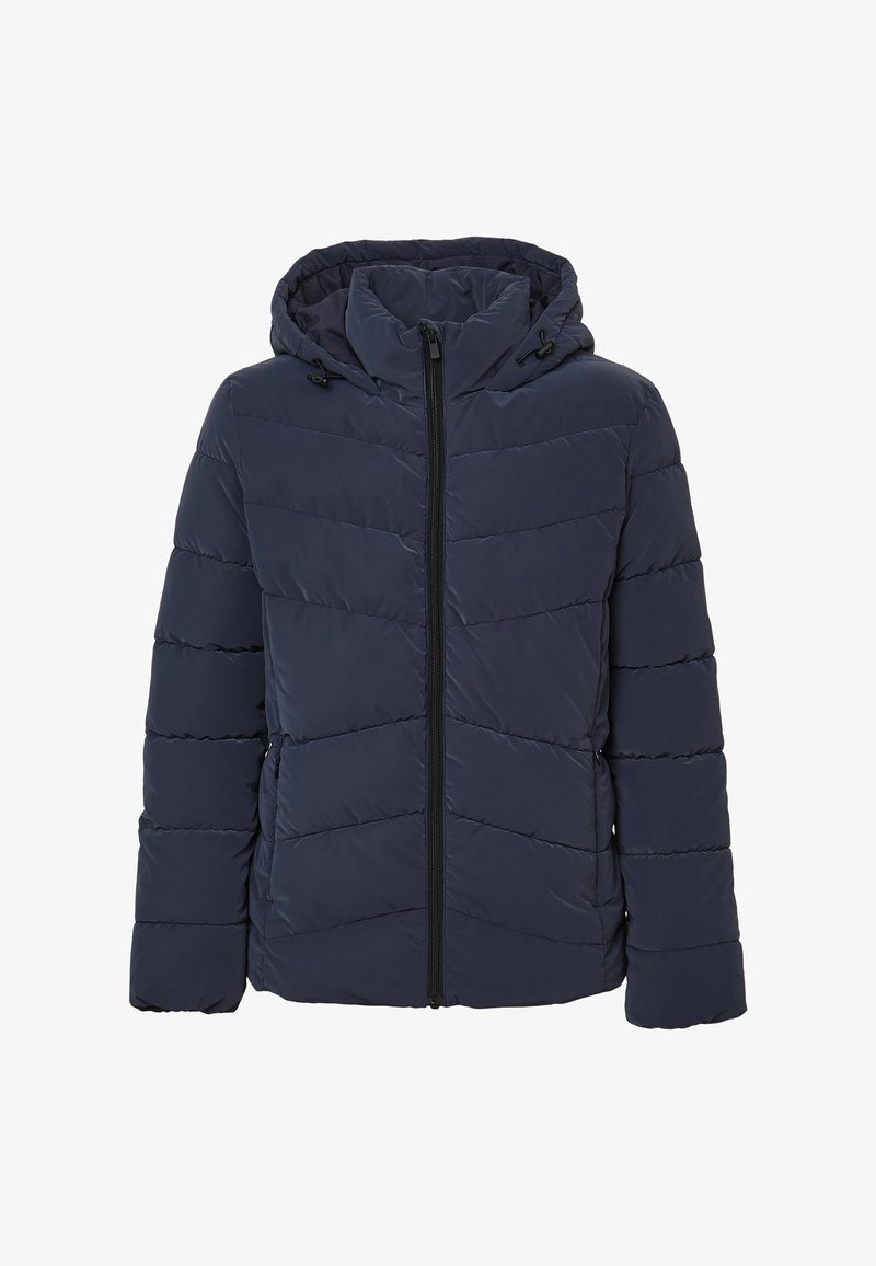 Giubbotto imbottito blu navy con cappuccio, chiusura a zip e design trapuntato. Presenta tasche laterali e polsini elasticizzati per una vestibilità aderente.