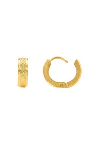 Gold hoop earrings featuring a textured finish with a glitter accent. Smooth and brushed materials create contrast in design.