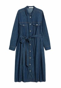 Denim-mekko, jossa on pitkät hihat, kauluspaita, nappikiinnitys, kaksi rintataskua ja vyötärösolki. Korostaa kontrastivärisiä ompeleita ja rentoa istuvuutta.