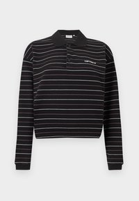 Μαύρο μακρυμάνικο πόλο με λεπτές λευκές και μωβ οριζόντιες ρίγες, δύο κουμπιά και μικρό λευκό λογότυπο στο αριστερό στήθος.