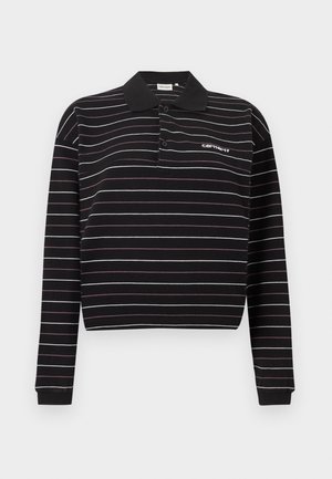 Schwarzes langärmeliges Poloshirt mit dünnen weißen und violetten horizontalen Streifen, zwei Knöpfen und einem kleinen weißen Logo auf der linken Brust.