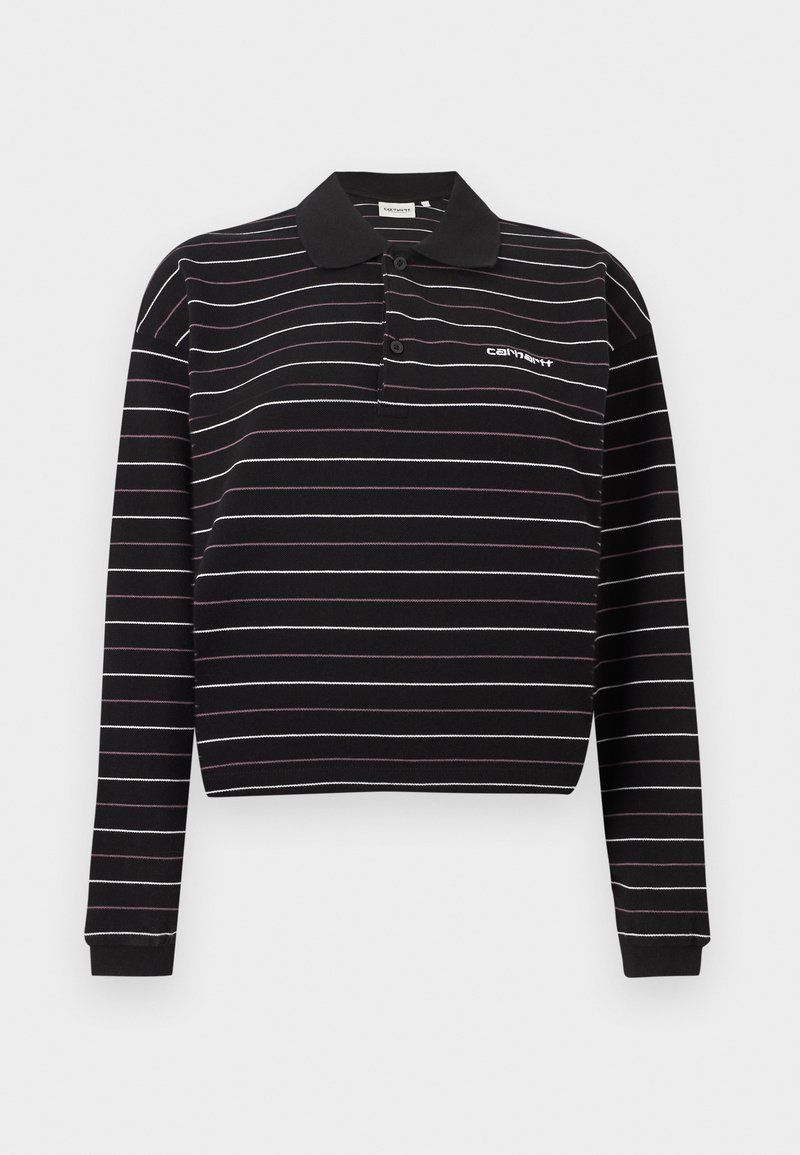 Zwart poloshirt met lange mouwen en dunne witte en paarse horizontale strepen, twee knopen en een klein wit logo op de linkerborst.