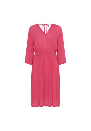 Roosa, kerge kleit V-kaelusega, pikkade varrukatega, volangvööga ja sidumise detailiga seljal. Voolav kangas pehme tekstuuriga.