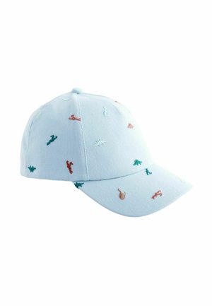 Blue fabric baseball cap with embroidered dinosaurs in red, green, and orange. Features a curved brim and adjustable back strap.