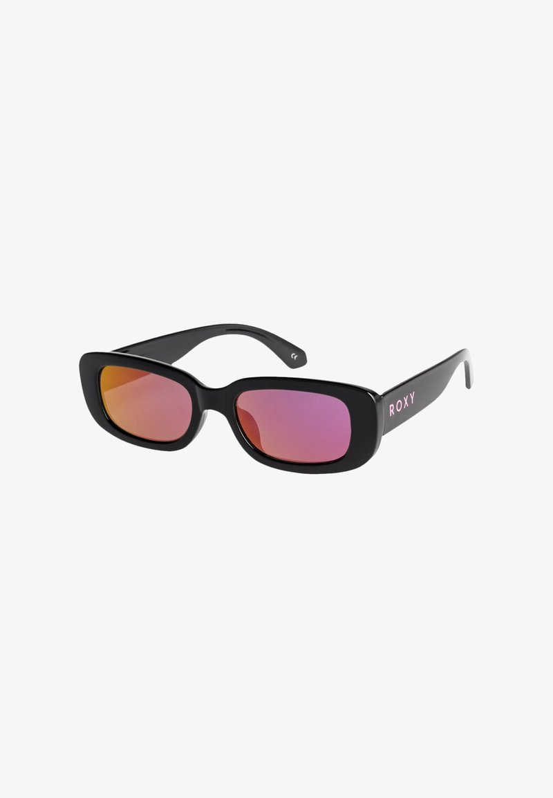 Lunettes de soleil rectangulaires noires avec des verres réfléchissants roses et "ROXY" écrit en rose sur la branche.