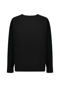 Zwarte gebreide trui, met een ronde hals, lange mouwen, geribde zoom en een gladde textuur met een losse pasvorm.