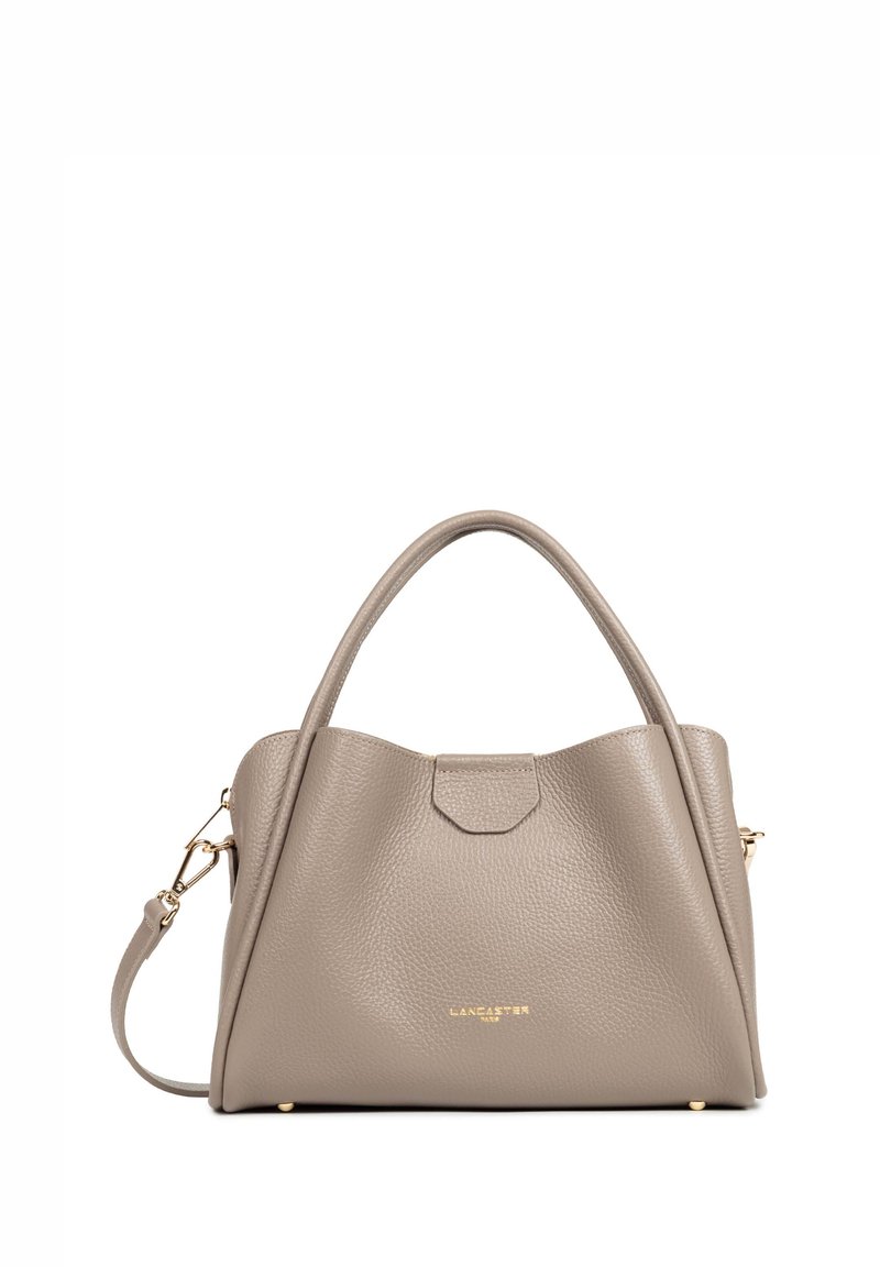 Taupe-Lederhandtasche mit strukturiertem Design, doppelten Griffen, abnehmbarem Schulterriemen, goldfarbenen Beschlägen und dezentem Logoakzent.