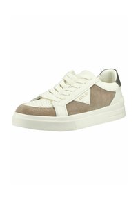 Baskets basses en cuir blanc, panneaux en daim beige, lacets blancs et semelle blanche épaisse.