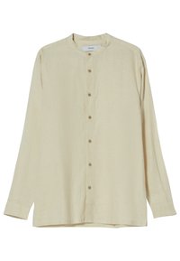 Beige shirt met lange mouwen, een ronde kraag, knoopsluiting aan de voorkant en een comfortabele, losse pasvorm. Gemaakt van lichtgewicht stof met een gladde textuur.