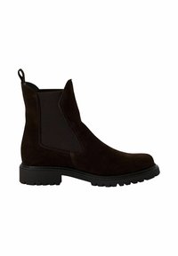 Bottines Chelsea en suède marron avec des panneaux latéraux élastiques, un tirette, un bout arrondi et une semelle en caoutchouc noir texturé.