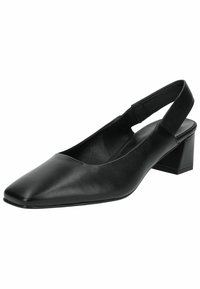 Černá kožená slingback obuv se čtveratou špičkou a nízkým blokovým podpatkem. Vyznačuje se hladkým povrchem a minimalistickým designem.
