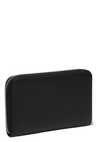 Schwarze Lederbörse mit strukturiertem Oberflächen, ausgestattet mit einem silbernen Reißverschluss und rechteckiger Form. Keine sichtbaren Muster oder Akzente.