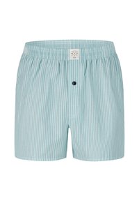 Svetle modré pruhované boxerky s elastickým pasem, s knoflíkovým zapínáním a malou visačkou blízko pasu. Měkký bavlněný materiál.
