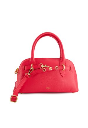 Red textured leather handbag with dual handles, adjustable shoulder strap, gold hardware accents, and side zipper closure.