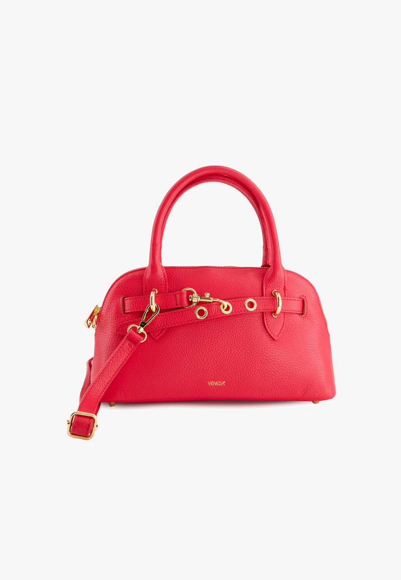 Red textured leather handbag with dual handles, adjustable shoulder strap, gold hardware accents, and side zipper closure.