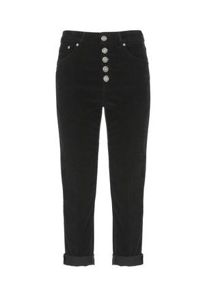 Pantaloni in corduroy neri con vita alta, chiusura anteriore a cinque bottoni, orli risvoltati e tasche laterali. Texture morbida con una finitura liscia.