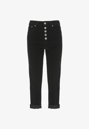 Pantaloni in corduroy neri con vita alta, chiusura anteriore a cinque bottoni, orli risvoltati e tasche laterali. Texture morbida con una finitura liscia.