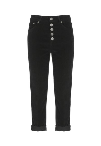 Pantaloni in corduroy neri con vita alta, chiusura anteriore a cinque bottoni, orli risvoltati e tasche laterali. Texture morbida con una finitura liscia.