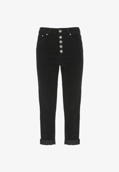 Pantaloni in corduroy neri con vita alta, chiusura anteriore a cinque bottoni, orli risvoltati e tasche laterali. Texture morbida con una finitura liscia.