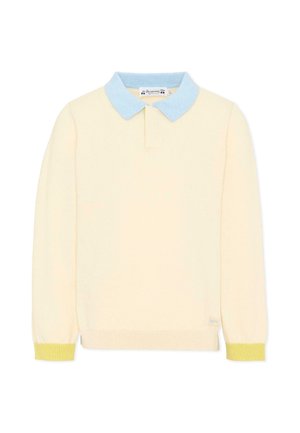 Maglione crema a maniche lunghe con colletto azzurro chiaro e polsini gialli, orlo a coste e piccolo logo vicino al lato inferiore destro.