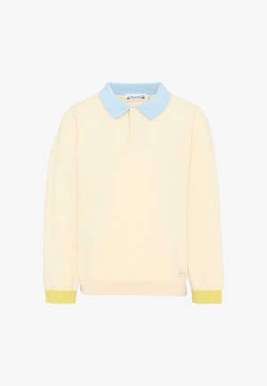 Pull crème à manches longues avec col bleu clair et poignets jaunes, ourlet côtelé et petit logo près du bas à droite.