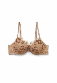 Beige kanten beha met bloemenpatroon, onderbuste ondersteuning, gestructureerde kanten accenten en verstelbare satijnen bandjes. Voorzien van een haak-en-oogsluiting.