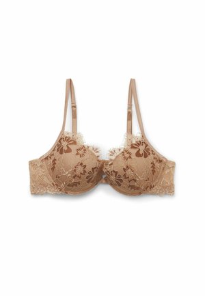 Reggiseno beige in pizzo con motivo floreale, supporto con ferretto, accenti in pizzo testurizzato e spalline in satin regolabili. Presenta una chiusura con gancio e occhiello.