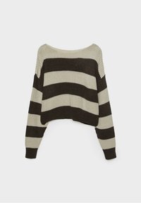 Knitted crop sweater with wide, off-shoulder neckline. Features horizontal stripes in beige and dark brown. Ribbed cuffs and hem.