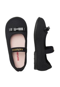 Ballerine in rete nera con una soletta liscia rosa, dotate di un fiocco decorativo nero e di una fascia elastica, progettate per una vestibilità sicura.