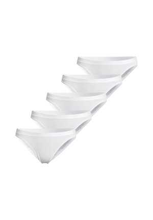 Five pairs of plain white cotton bikini-style women's underwear stacked diagonally on a white background.