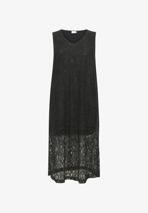 Abito nero senza maniche con sovrapposizione in pizzo, scollatura a V e una parte inferiore semi-trasparente con motivo floreale. Tessuto morbido.