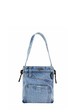 Denim shoulder bag with a main compartment, front pocket, and adjustable strap. Light blue color with orange stitching and black accents.