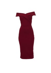 Μίντι φόρεμα μπορντό με έναν ώμο, με εφαρμοστή σιλουέτα, διαθέτει γωνιακό ντεκολτέ και λείο ύφασμα. Χωρίς εμφανή σχέδια ή μεταλλικά στοιχεία.