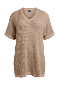 Beige gebreide trui met korte mouwen en een V-hals, met een open mesh patroon en geribbelde manchetten bij de mouwen en de zoom.
