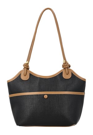 Geantă tote neagră cu textură, margini bej, bretele de umăr cu noduri și un buzunar frontal prevăzut cu o singură capsa.