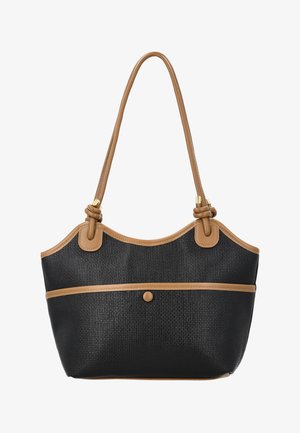 Geantă tote neagră cu textură, margini bej, bretele de umăr cu noduri și un buzunar frontal prevăzut cu o singură capsa.