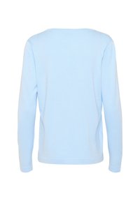 Lichtblauw langwerpig shirt met een ronde halslijn en een zachte textuur. Heeft een ontspannen pasvorm en een minimalistisch ontwerp zonder patronen of hardware.
