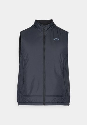 Mouwloze donkerblauwe vest gemaakt van lichte, gladde stof. Voorzien van een hoge kraag, een ritssluiting aan de voorkant en een subtiel logo op de borst.