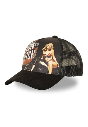 Black mesh cap with a vintage pin-up style woman in a bikini sitting on a motorcycle and bold text partially visible on the front panel.