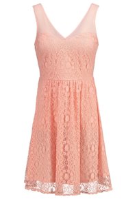Meruňkový krajkový šaty s V-výstřihem, bez rukávů a rozšířenou sukňou; mají květinové krajkové vzory a strukturovaný lem.