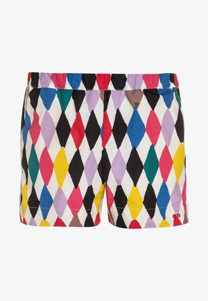 Farverige mønstrede shorts med diamantdesign i nuancer af rød, blå, grøn, gul, lilla og sort med elastisk taljebånd.