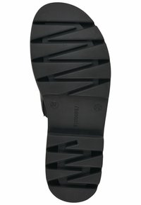 Black rubber shoe sole with pronounced traction patterns, including grooves and ridges, and size marked as 37. Smooth texture overall.