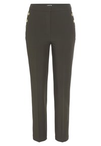 Slim-fit, donkergroene broek met een gladde textuur en zijknopen als opvallend detail. Beschikt over een klassieke tailleband.