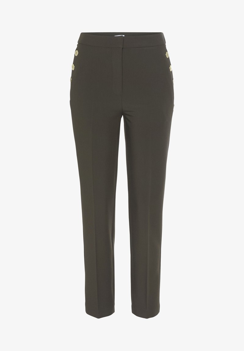 Pantalon ajusté, vert olive foncé, au tissu lisse et avec des boutons sur le côté comme détail distinctif. Présente une taille classique.