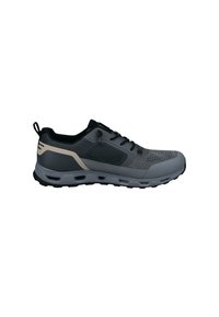 Gray and black athletic sneaker with mesh panels, lace-up closure, and cushioned sole designed for outdoor activities.